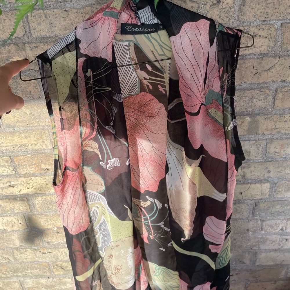 Sheer Floral Vest with Pink and Green Accents